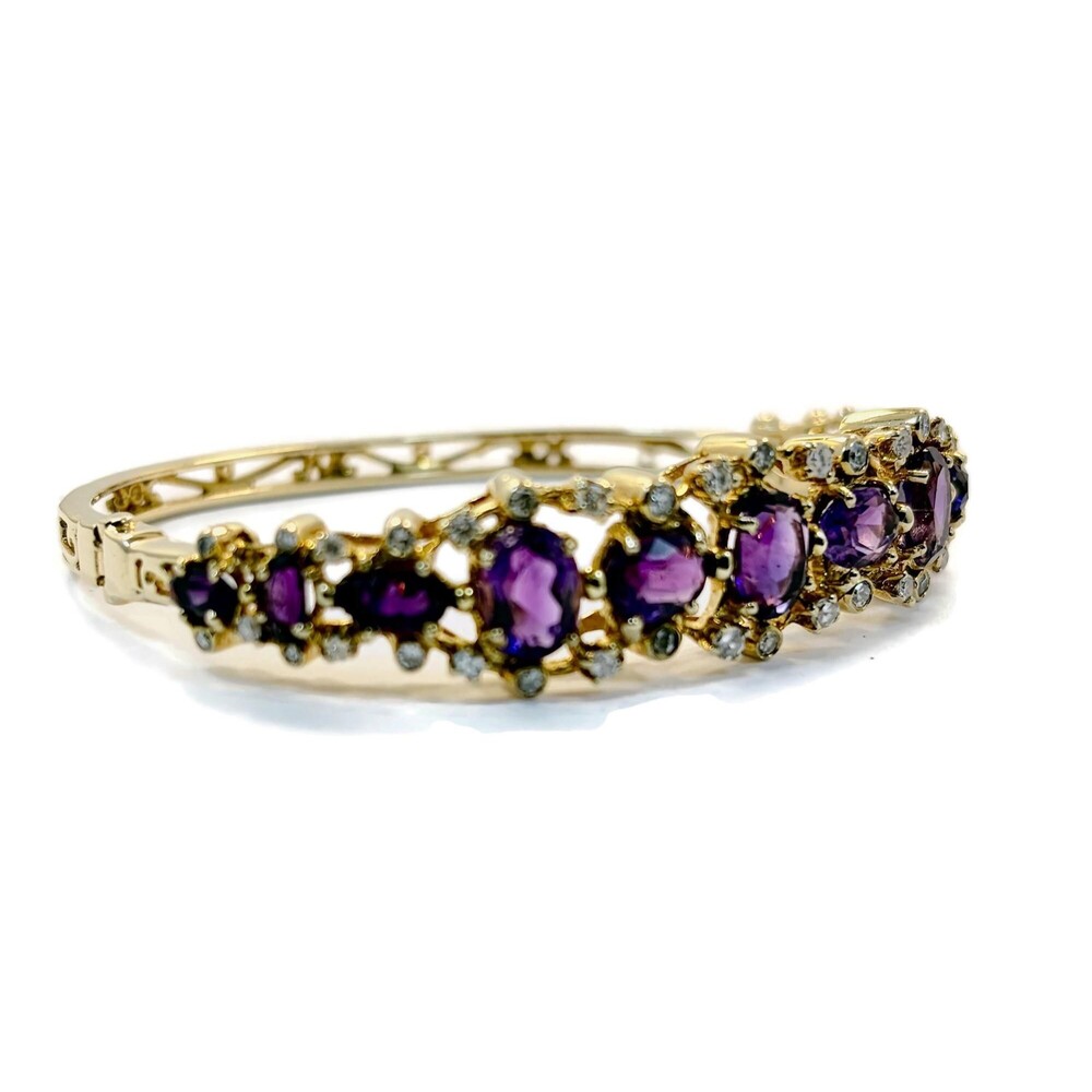 Amethyst Bracelet Diamonds 14K Yellow Gold: Hinged Bangle Vintage - Picture 9 of 14